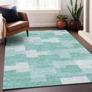 HomeRoots 8' X 10' Teal & Ivory Geometric Area Rug - Durable, Washable, UV-Protected for Modern Spaces! 654956
