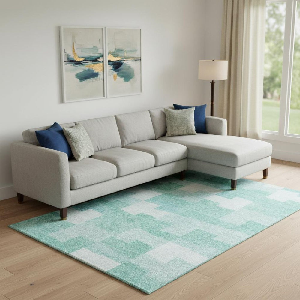 HomeRoots 9' X 12' Teal And Ivory Geometric Area Rug – Washable, UV Protected, Stylish for High-Traffic Spaces 654957