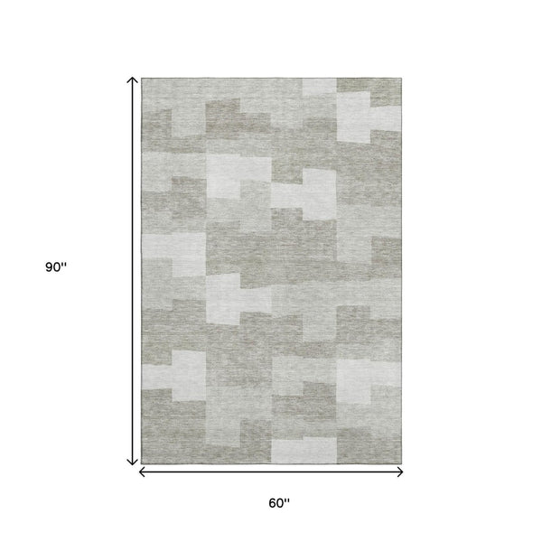 HomeRoots 5' X 8' Taupe And Ivory Geometric Washable Area Rug - Durable, Stain Resistant, UV Protected Design 654960