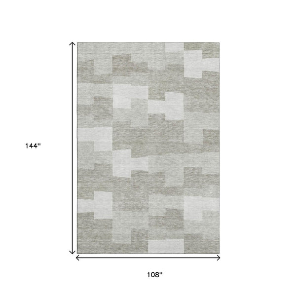 HomeRoots 9' X 12' Taupe and Ivory Geometric Area Rug - Durable, Washable, UV Protected for High Traffic Spaces 654963