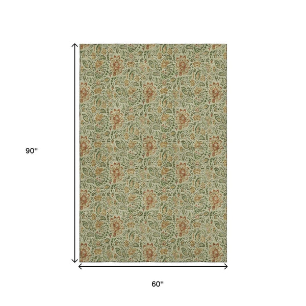 HomeRoots 5' X 8' Artichoke Green Floral Area Rug – Stain-Resistant, UV Protected, Perfect for Any Space! 654966