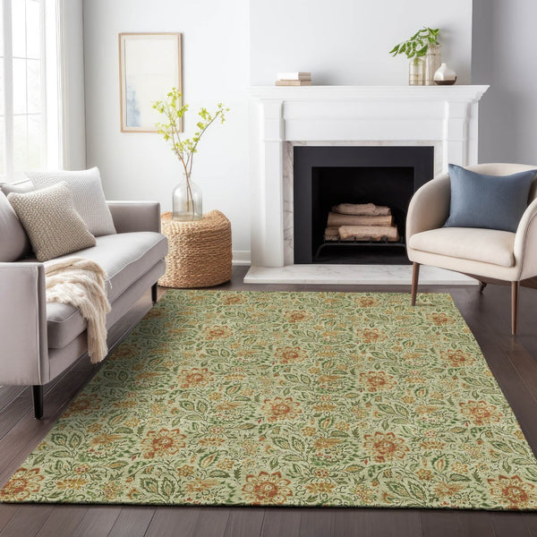 HomeRoots 5' X 8' Artichoke Green Floral Area Rug – Stain-Resistant, UV Protected, Perfect for Any Space! 654966