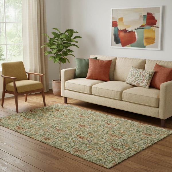 HomeRoots 5' X 8' Artichoke Green Floral Area Rug – Stain-Resistant, UV Protected, Perfect for Any Space! 654966