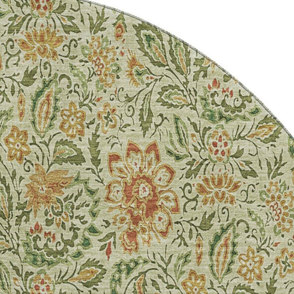 HomeRoots 8' Artichoke Green & Rust Floral Round Rug - Washable, UV Protected, Durable Design for Family Homes 654967