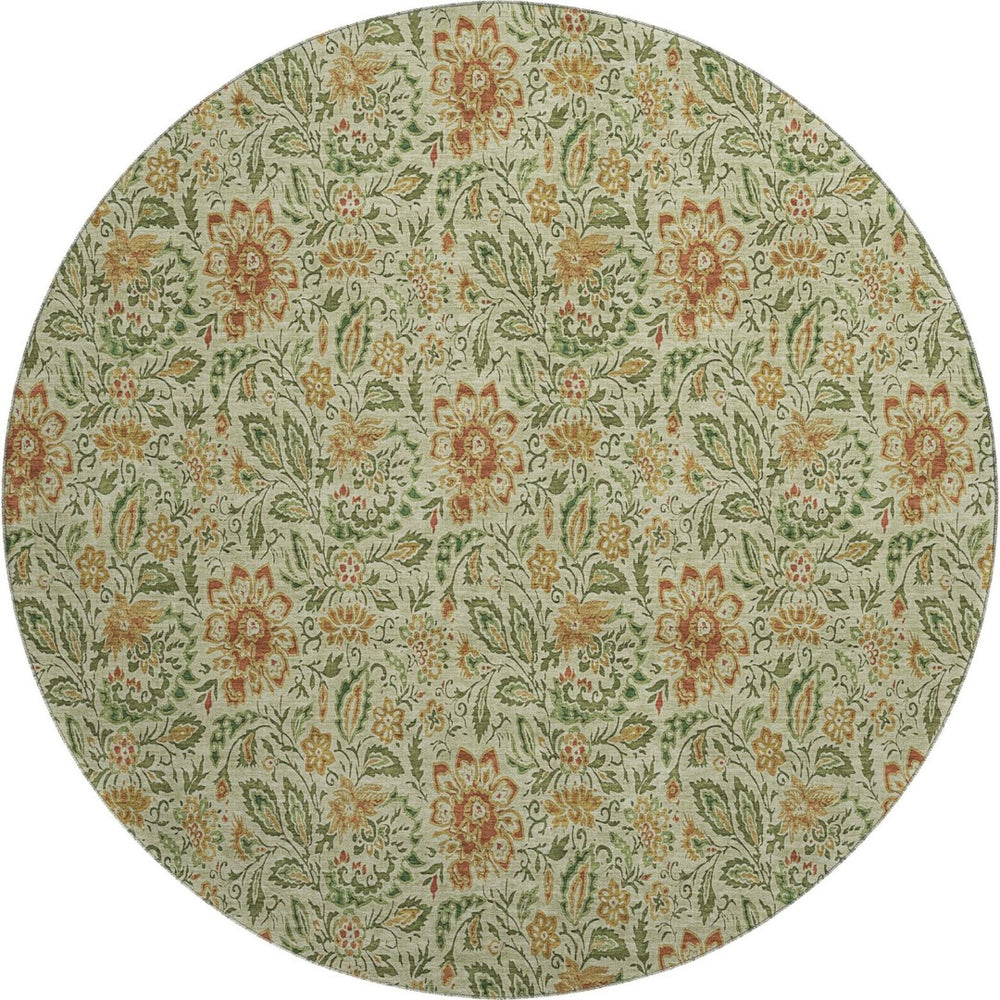 HomeRoots 8' Artichoke Green & Rust Floral Round Rug - Washable, UV Protected, Durable Design for Family Homes 654967