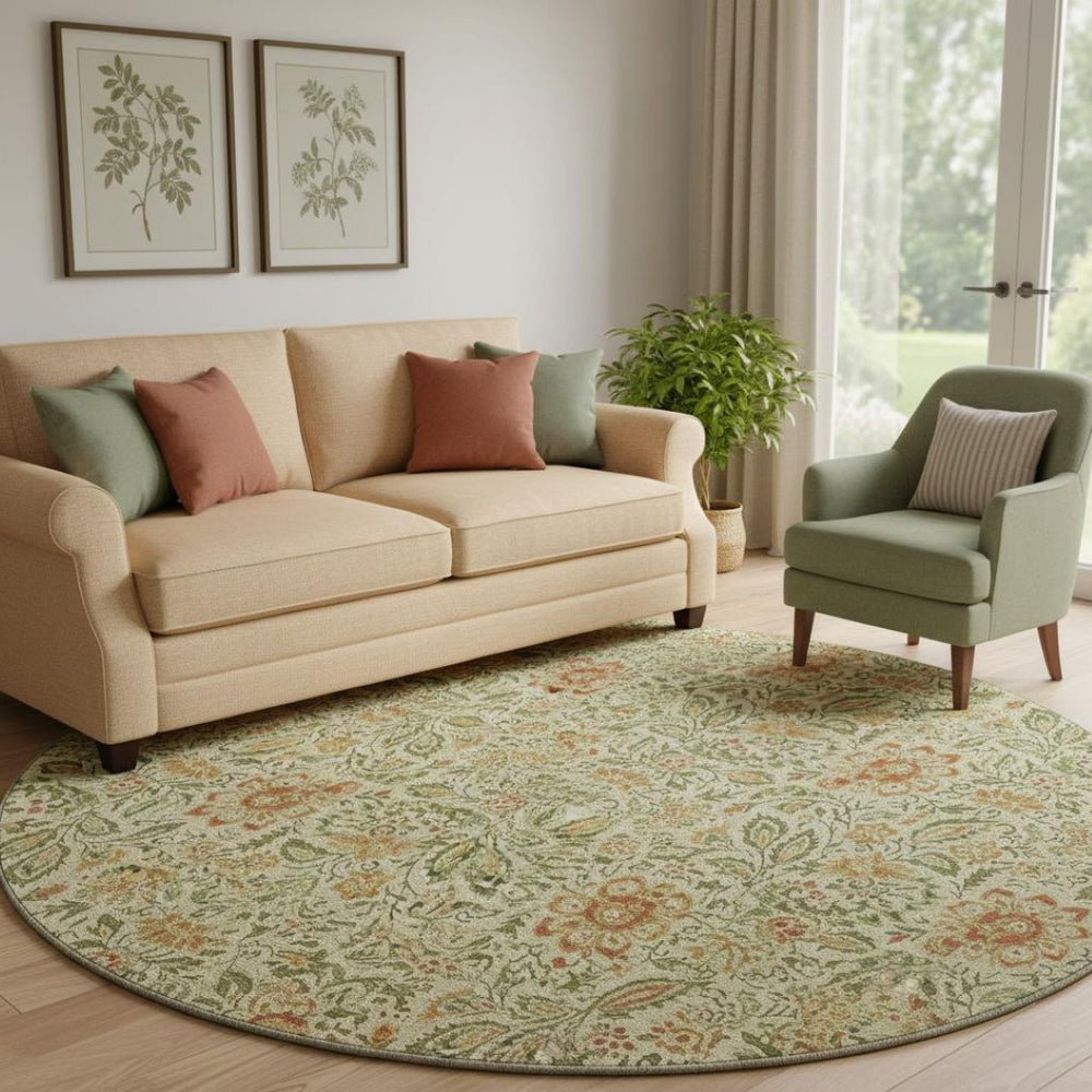 HomeRoots 8' Artichoke Green & Rust Floral Round Rug - Washable, UV Protected, Durable Design for Family Homes 654967