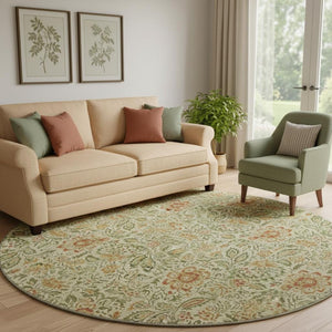 HomeRoots 8' Artichoke Green & Rust Floral Round Rug - Washable, UV Protected, Durable Design for Family Homes 654967