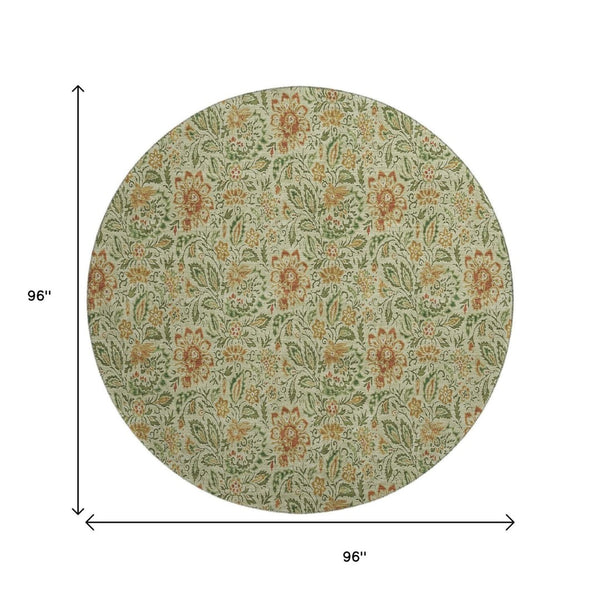 HomeRoots 8' Artichoke Green & Rust Floral Round Rug - Washable, UV Protected, Durable Design for Family Homes 654967