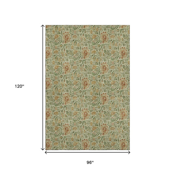 HomeRoots 8' X 10' Artichoke Green & Rust Floral Area Rug - Washable, UV-Protected, Durable & Stylish Design 654968