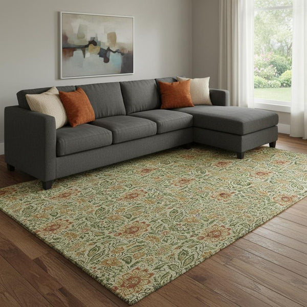 HomeRoots 8' X 10' Artichoke Green & Rust Floral Area Rug - Washable, UV-Protected, Durable & Stylish Design 654968