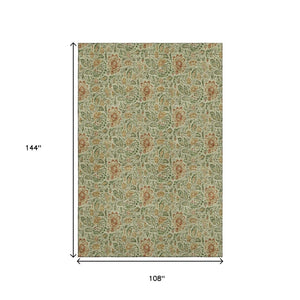 HomeRoots 9' X 12' Floral Area Rug in Artichoke Green & Rust – Washable, UV Protected, Stain Resistant Design 654969