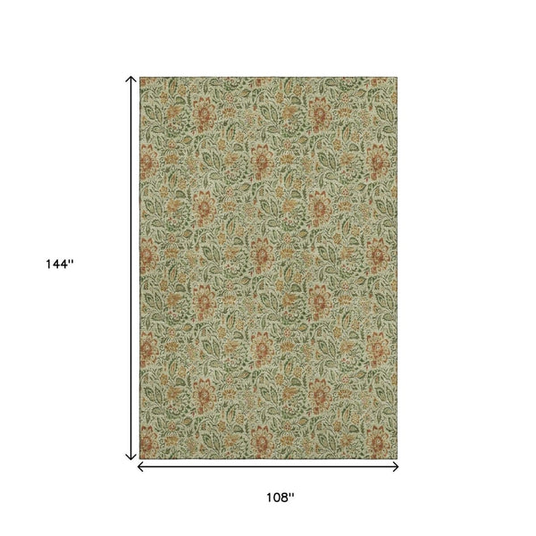HomeRoots 9' X 12' Floral Area Rug in Artichoke Green & Rust – Washable, UV Protected, Stain Resistant Design 654969