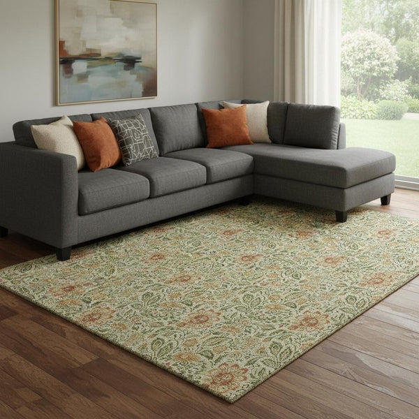 HomeRoots 9' X 12' Floral Area Rug in Artichoke Green & Rust – Washable, UV Protected, Stain Resistant Design 654969