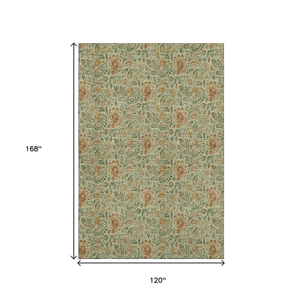 HomeRoots 10' Artichoke Green and Rust Floral Area Rug - Washable, UV Protected, Perfect for Family Spaces! 654970