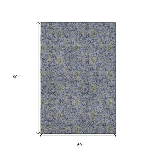 HomeRoots 5' Denim Blue & Gray Floral Area Rug - Washable, UV Protected, Stain-Resistant for Family Homes 654972