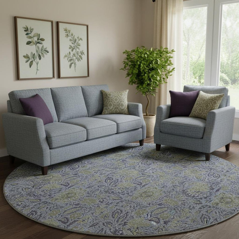HomeRoots 8' Denim Blue & Gray Floral Washable Round Rug - Durable, Stain-Resistant, UV Protected for Homes 654973