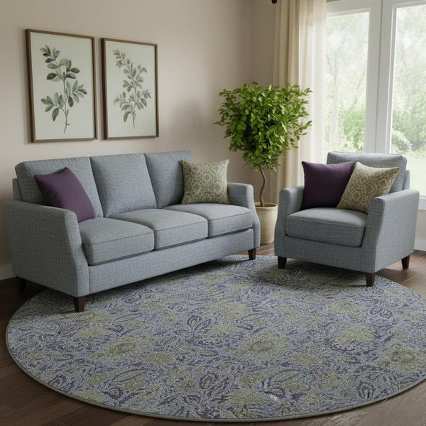 HomeRoots 8' Denim Blue & Gray Floral Washable Round Rug - Durable, Stain-Resistant, UV Protected for Homes 654973