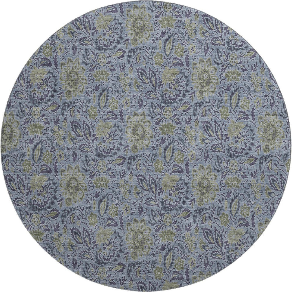 HomeRoots 8' Denim Blue & Gray Floral Washable Round Rug - Durable, Stain-Resistant, UV Protected for Homes 654973