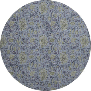 HomeRoots 8' Denim Blue & Gray Floral Washable Round Rug - Durable, Stain-Resistant, UV Protected for Homes 654973