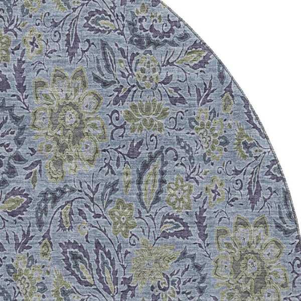 HomeRoots 8' Denim Blue & Gray Floral Washable Round Rug - Durable, Stain-Resistant, UV Protected for Homes 654973