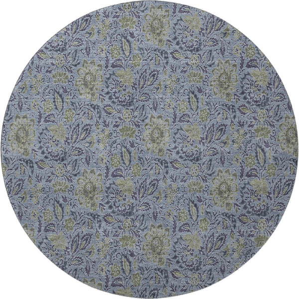 HomeRoots 8' Denim Blue & Gray Floral Washable Round Rug - Durable, Stain-Resistant, UV Protected for Homes 654973