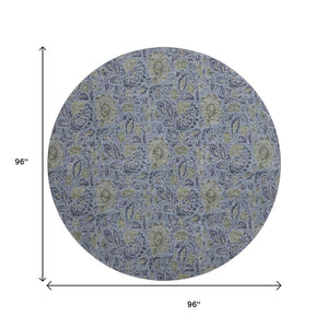 HomeRoots 8' Denim Blue & Gray Floral Washable Round Rug - Durable, Stain-Resistant, UV Protected for Homes 654973