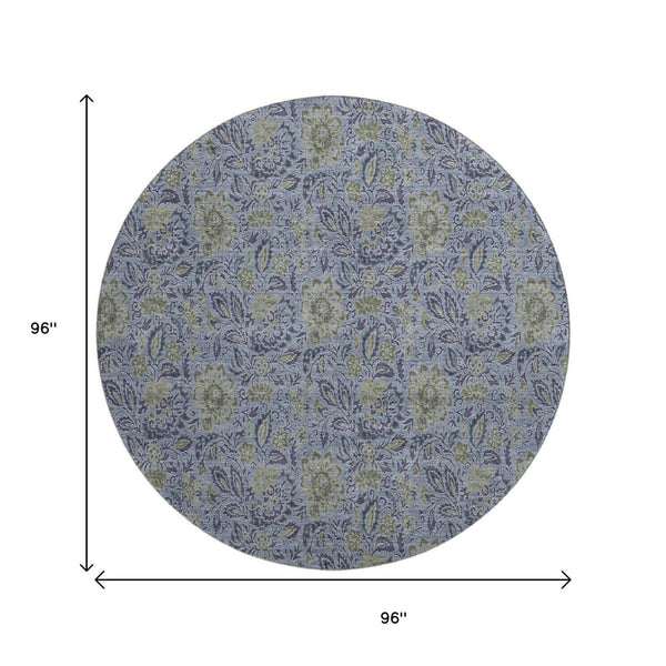 HomeRoots 8' Denim Blue & Gray Floral Washable Round Rug - Durable, Stain-Resistant, UV Protected for Homes 654973