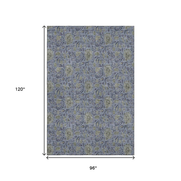 HomeRoots 8' X 10' Denim Blue & Gray Floral Washable Area Rug - UV Protection, Stain Resistant & Durable Design 654974