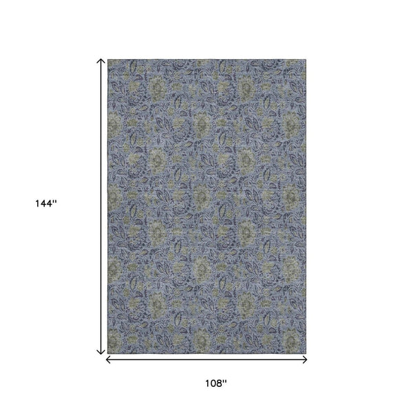 HomeRoots 9' X 12' Denim Blue & Gray Floral Area Rug - Stain-Resistant, UV Protected, Durable Comfort for Homes 654975