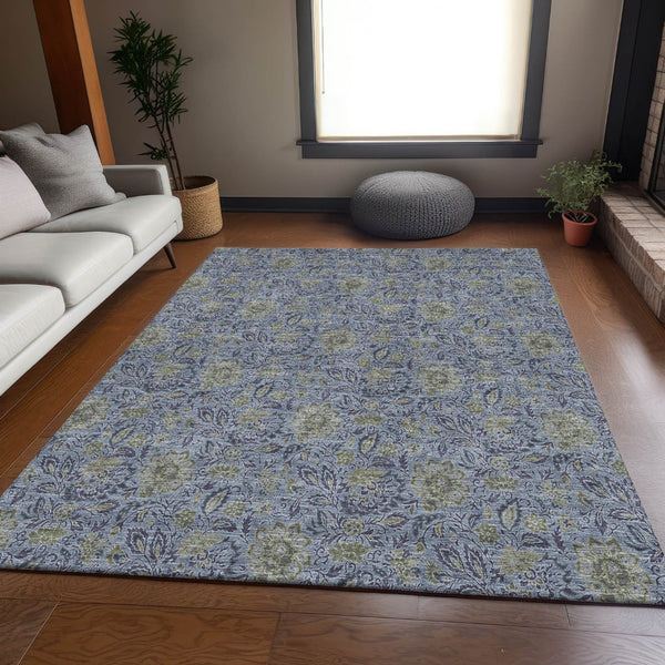 HomeRoots 9' X 12' Denim Blue & Gray Floral Area Rug - Stain-Resistant, UV Protected, Durable Comfort for Homes 654975