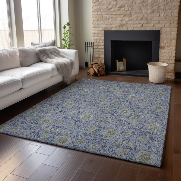 HomeRoots 9' X 12' Denim Blue & Gray Floral Area Rug - Stain-Resistant, UV Protected, Durable Comfort for Homes 654975
