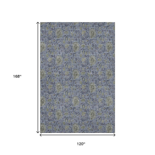 HomeRoots 10' Classic Denim Blue & Gray Floral Washable Area Rug - Durable, UV Protected for Busy Homes! 654976