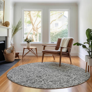 HomeRoots 8' Round Floral Washable Rug in Gray & Silver - UV Protected, Stain-Resistant, Durable Design for Homes 654979