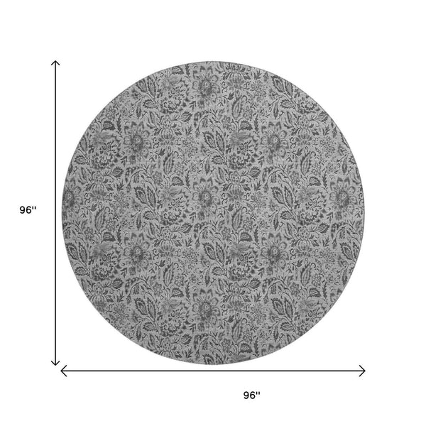 HomeRoots 8' Round Floral Washable Rug in Gray & Silver - UV Protected, Stain-Resistant, Durable Design for Homes 654979