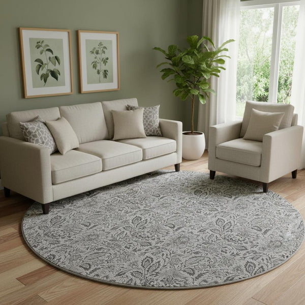 HomeRoots 8' Round Floral Washable Rug in Gray & Silver - UV Protected, Stain-Resistant, Durable Design for Homes 654979