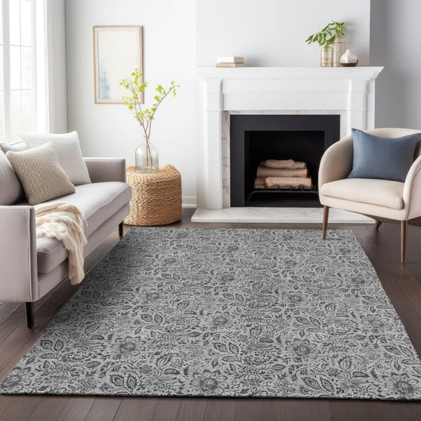 HomeRoots 10' Gray and Silver Floral Area Rug - Washable, UV-Protected, Ideal for High-Traffic Spaces 654982