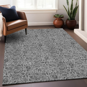 HomeRoots 10' Gray and Silver Floral Area Rug - Washable, UV-Protected, Ideal for High-Traffic Spaces 654982
