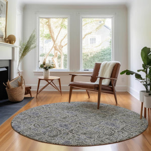 HomeRoots 8' Khaki and Gray Floral Washable Round Rug - UV Protected, Stain Resistant, Ideal for Active Homes 654985