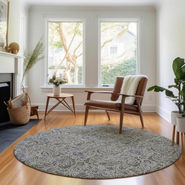 HomeRoots 8' Khaki and Gray Floral Washable Round Rug - UV Protected, Stain Resistant, Ideal for Active Homes 654985