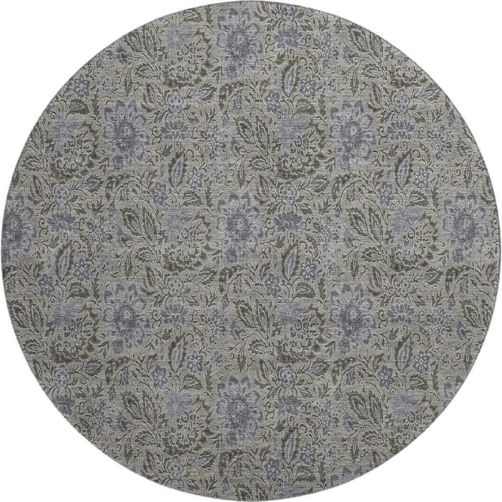 HomeRoots 8' Khaki and Gray Floral Washable Round Rug - UV Protected, Stain Resistant, Ideal for Active Homes 654985