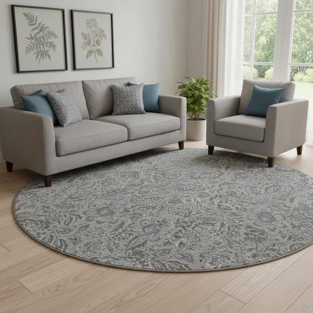 HomeRoots 8' Khaki and Gray Floral Washable Round Rug - UV Protected, Stain Resistant, Ideal for Active Homes 654985