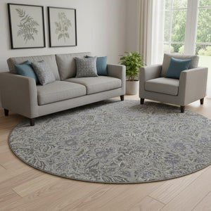 HomeRoots 8' Khaki and Gray Floral Washable Round Rug - UV Protected, Stain Resistant, Ideal for Active Homes 654985