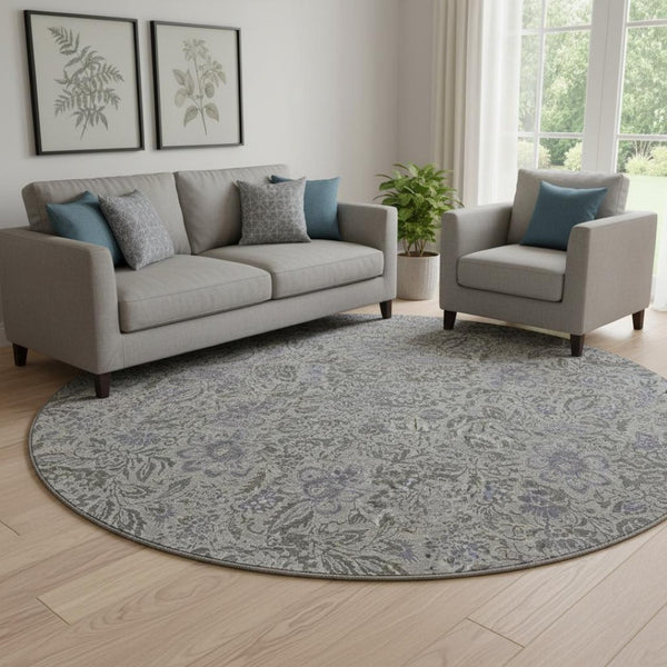 HomeRoots 8' Khaki and Gray Floral Washable Round Rug - UV Protected, Stain Resistant, Ideal for Active Homes 654985