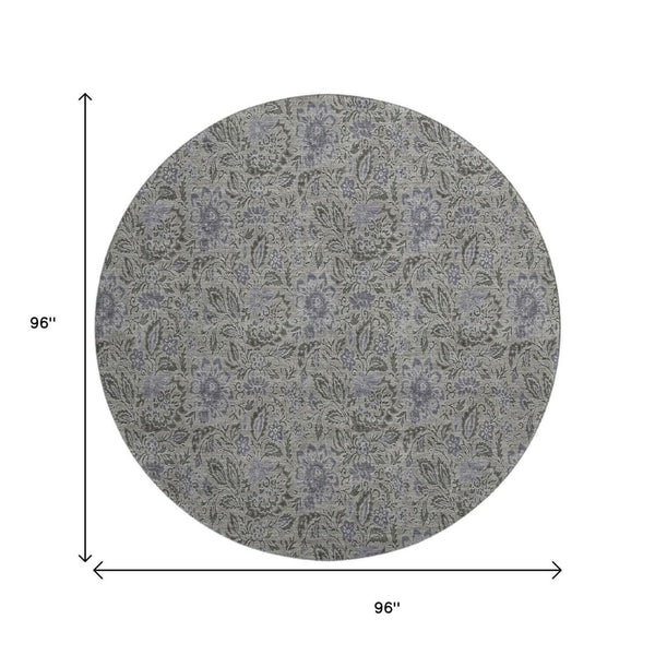 HomeRoots 8' Khaki and Gray Floral Washable Round Rug - UV Protected, Stain Resistant, Ideal for Active Homes 654985