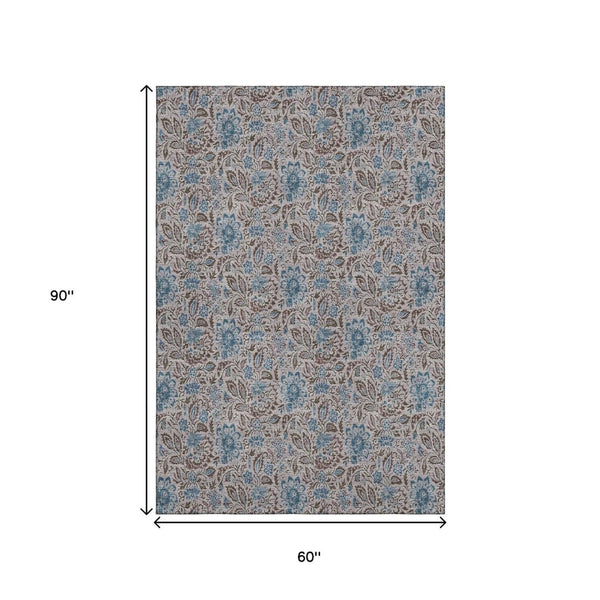 HomeRoots 5' X 8' Coffee And Blue Floral Area Rug - Washable, UV-Protected, Stain-Resistant for Everyday Use 654990