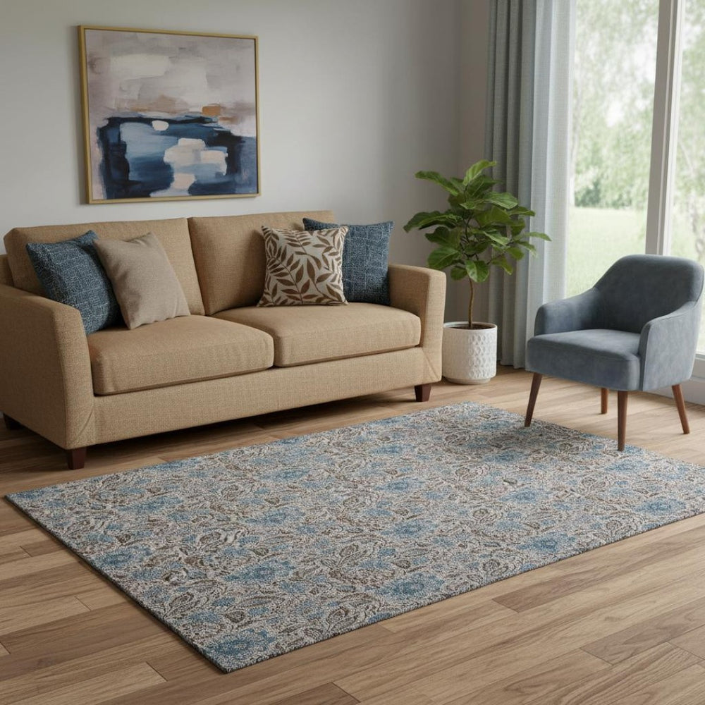 HomeRoots 5' X 8' Coffee And Blue Floral Area Rug - Washable, UV-Protected, Stain-Resistant for Everyday Use 654990