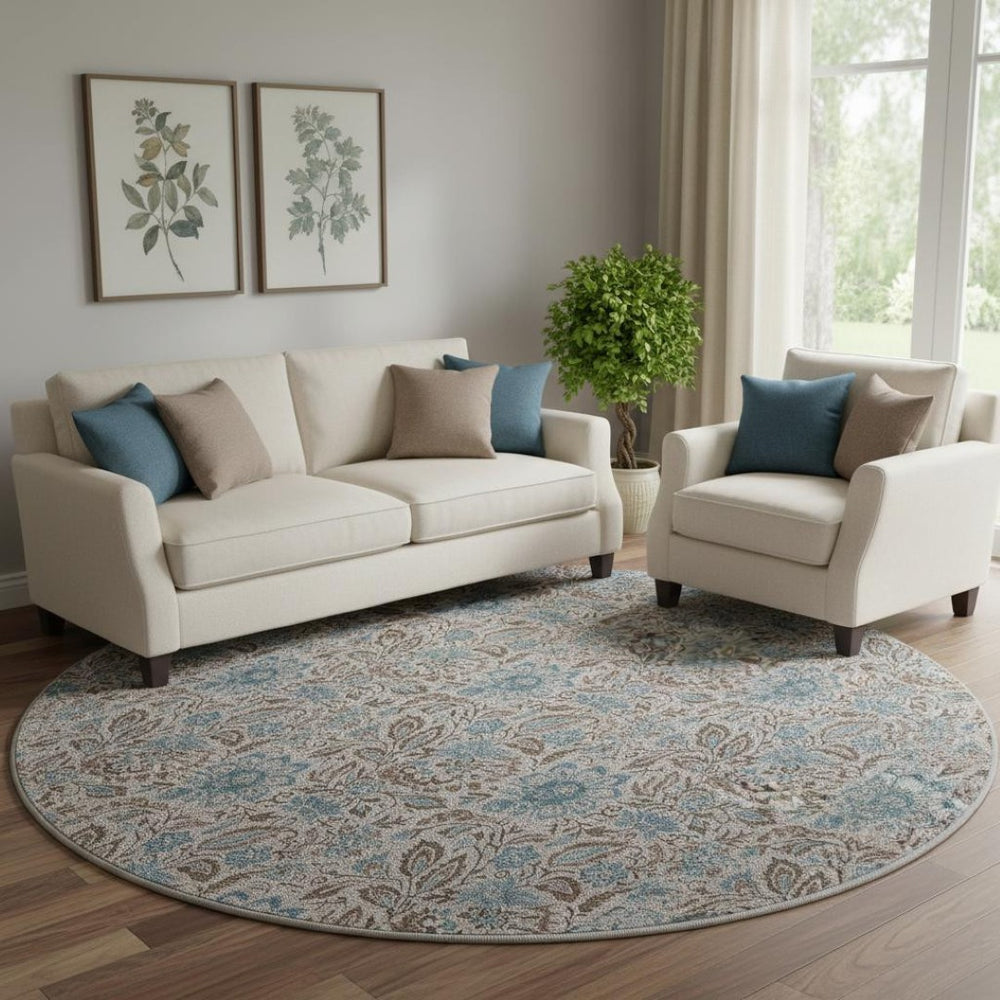HomeRoots 8' Floral Washable Round Rug in Coffee & Blue - UV Protected, Durable, Stylish for Family Homes 654991