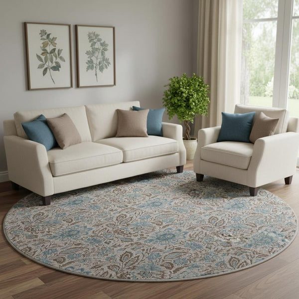 HomeRoots 8' Floral Washable Round Rug in Coffee & Blue - UV Protected, Durable, Stylish for Family Homes 654991