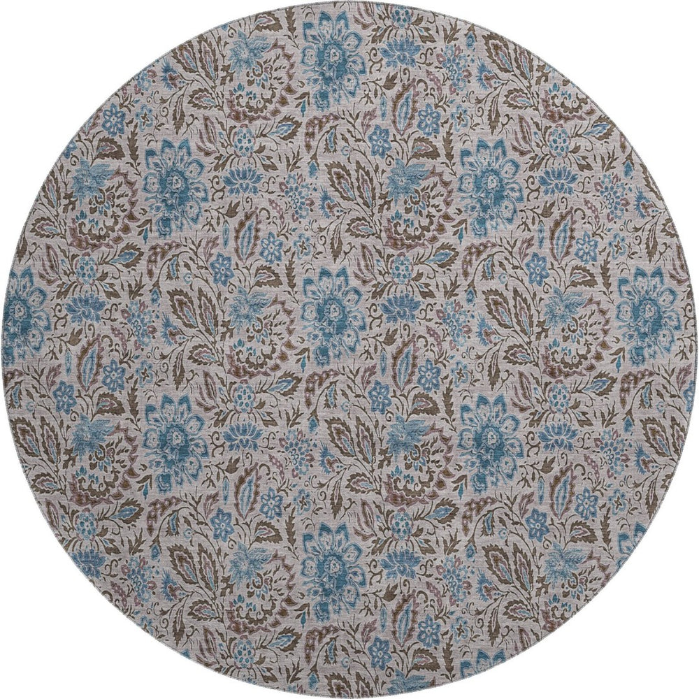 HomeRoots 8' Floral Washable Round Rug in Coffee & Blue - UV Protected, Durable, Stylish for Family Homes 654991