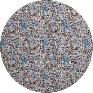 HomeRoots 8' Floral Washable Round Rug in Coffee & Blue - UV Protected, Durable, Stylish for Family Homes 654991
